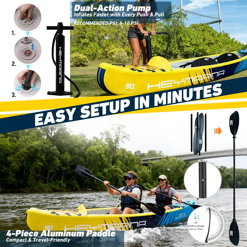 2-person inflatable kayak with drop-stitch construction and pump