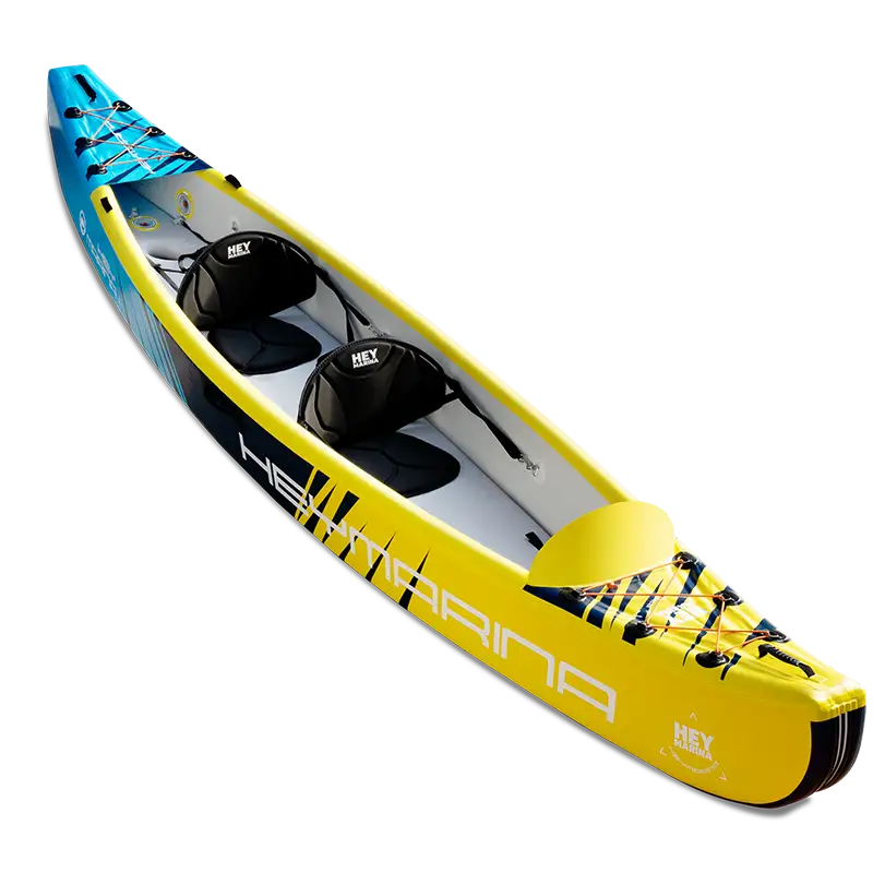 Yellow and blue 2-person inflatable kayak with drop-stitch construction