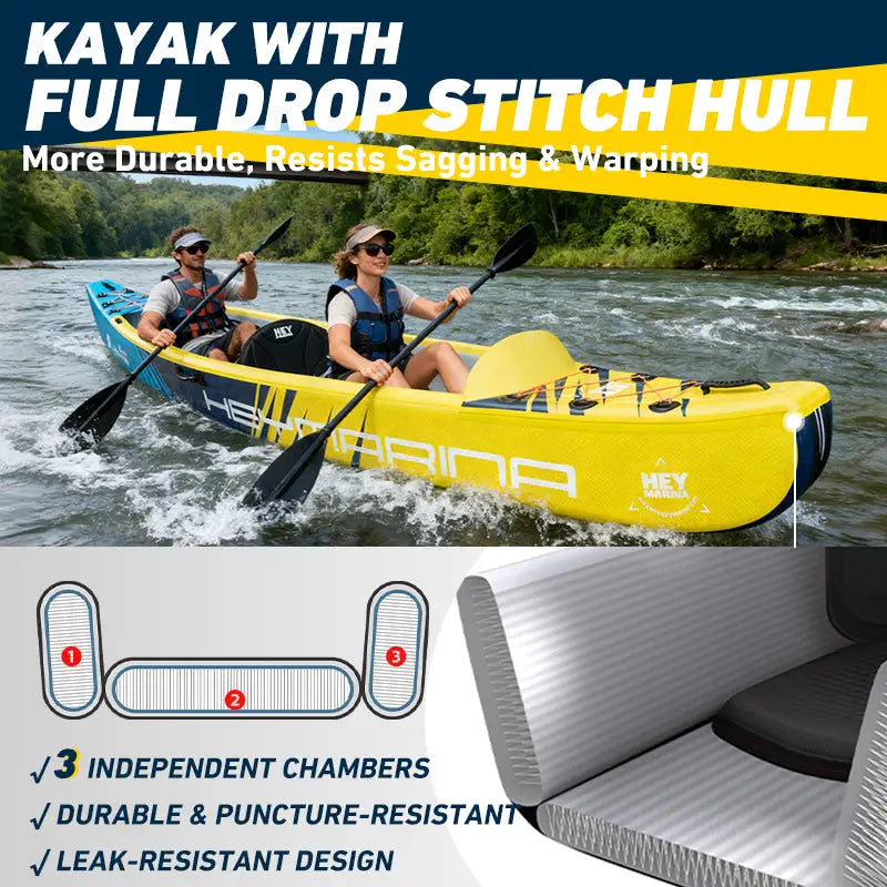 Yellow 2-person inflatable kayak with drop-stitch construction