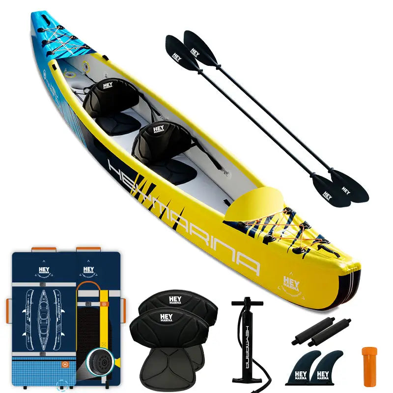 Yellow and blue 2-person inflatable kayak with drop-stitch construction