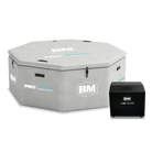 Gray hexagonal inflatable octagonal ice bath with black chiller for cold plunge therapy