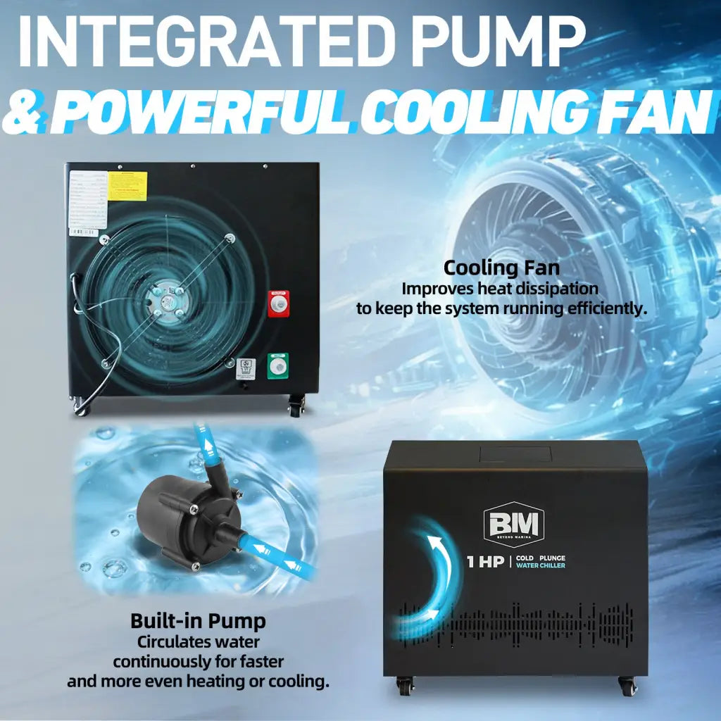 Black 1 HP chiller with pump and fan for inflatable octagonal ice bath