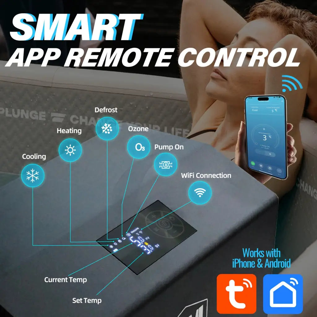 Smartphone app for remote adjustment of inflatable octagonal ice bath chiller