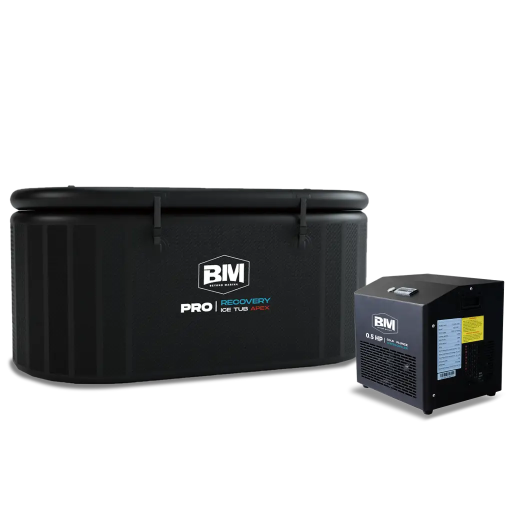 Black BM inflatable oval ice bath tub with red white logo, durable plastic