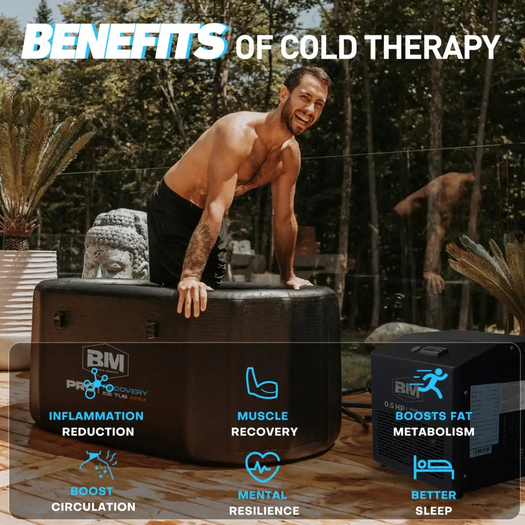 Black inflatable oval ice bath box with blue text and icons