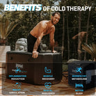 Black inflatable oval ice bath box with blue text and icons