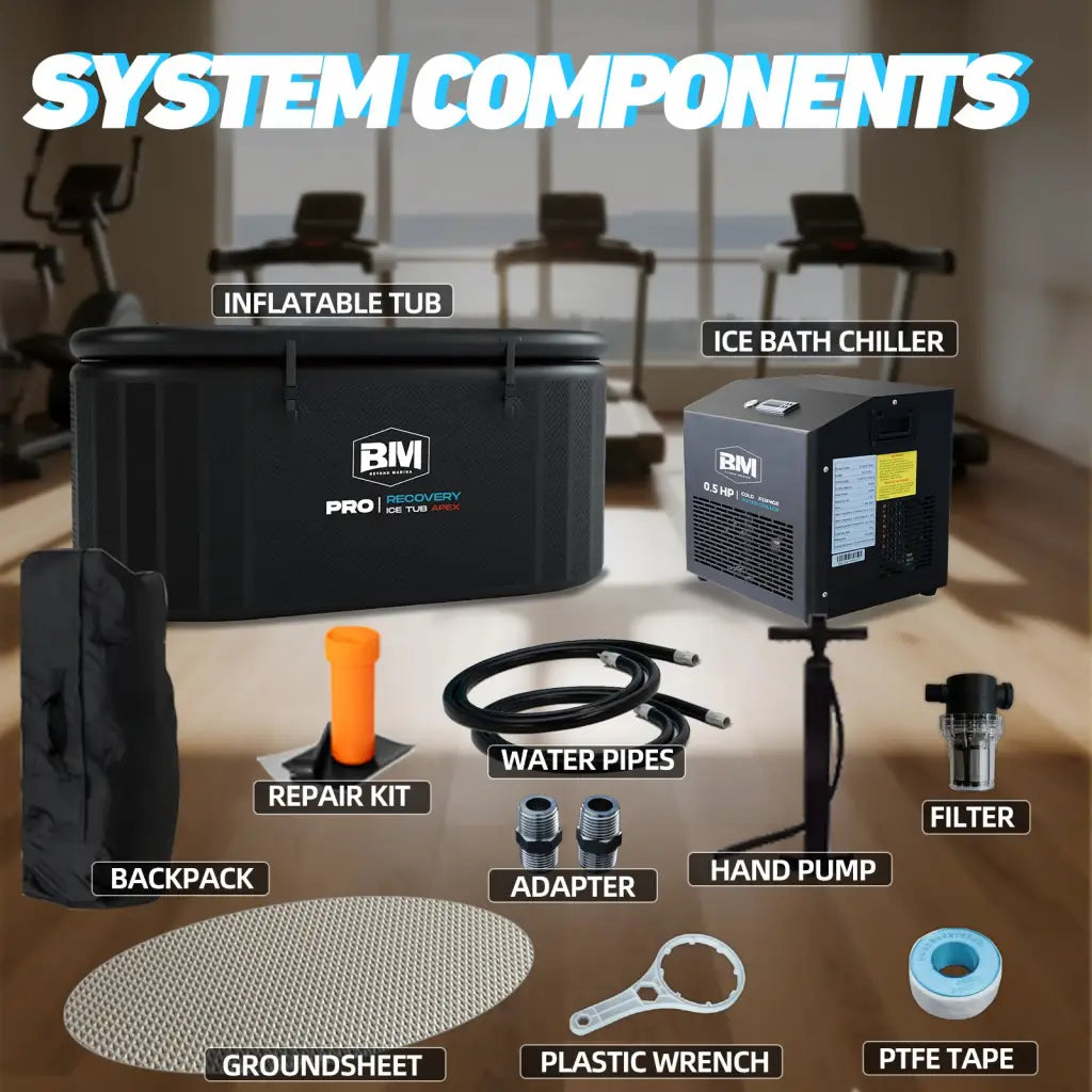 Black inflatable oval ice bath tub with orange handle for recovery