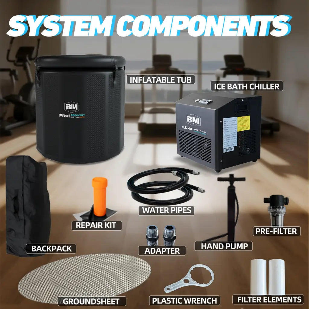 Black inflatable oval ice bath tub with orange repair kit and white BM logo