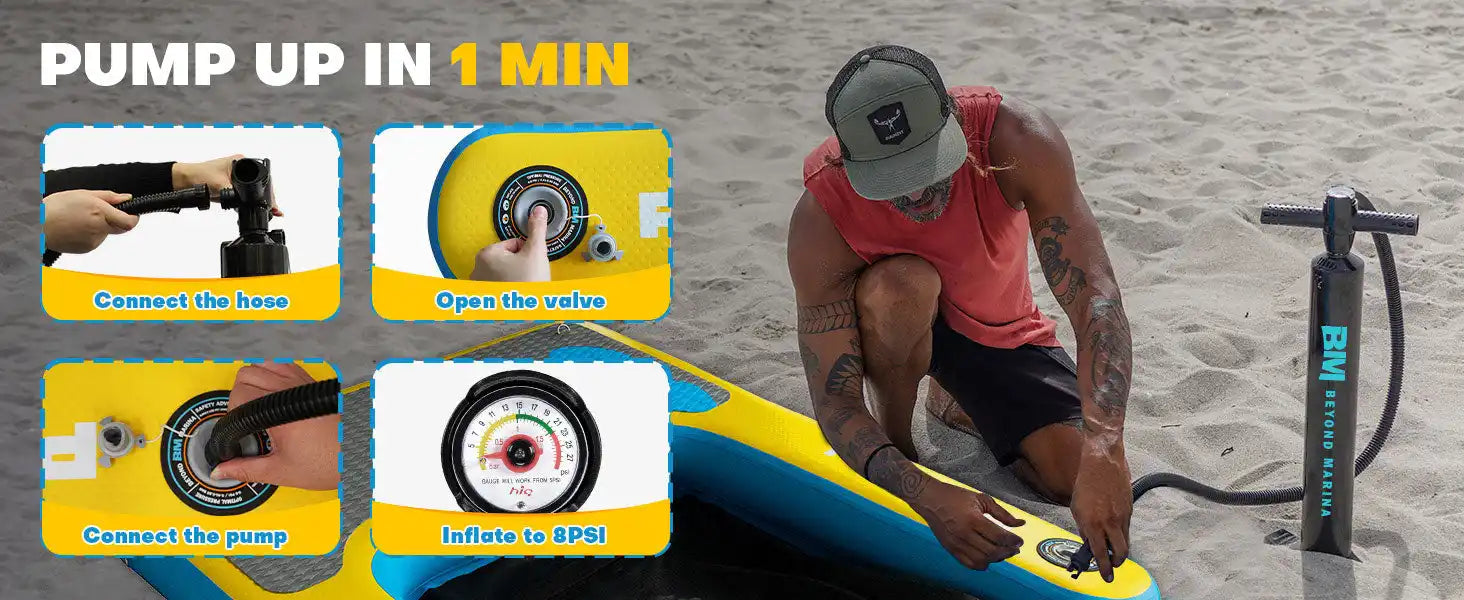 Inflatable paddleboard with pump and instructions.