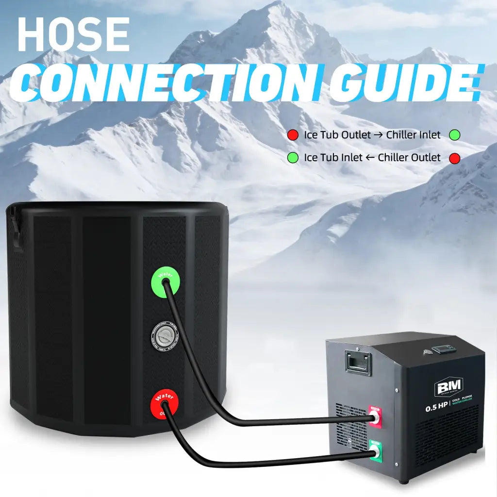 Inflatable round ice bath tub with black cylindrical tub and 0.5 HP chiller