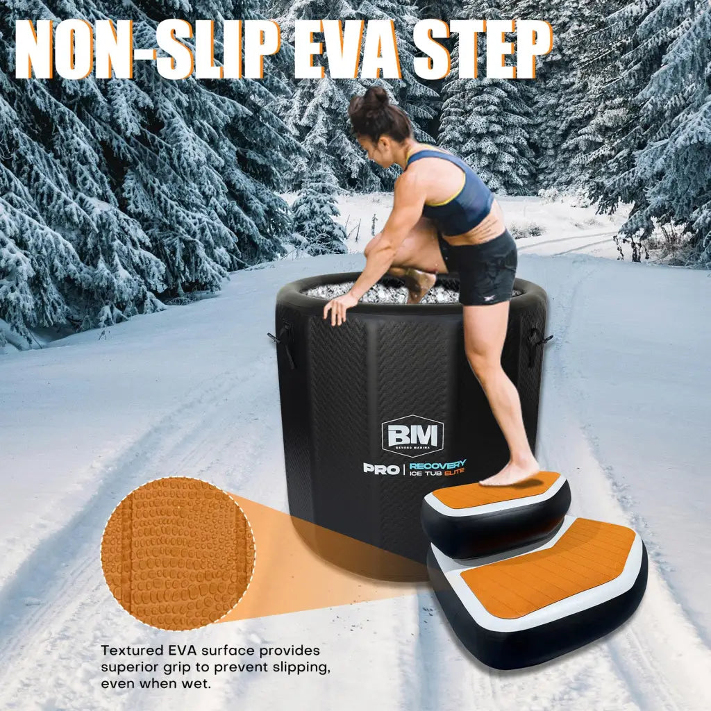 Black portable ice bath with textured non-slip step for cold plunge and ice bath tubs