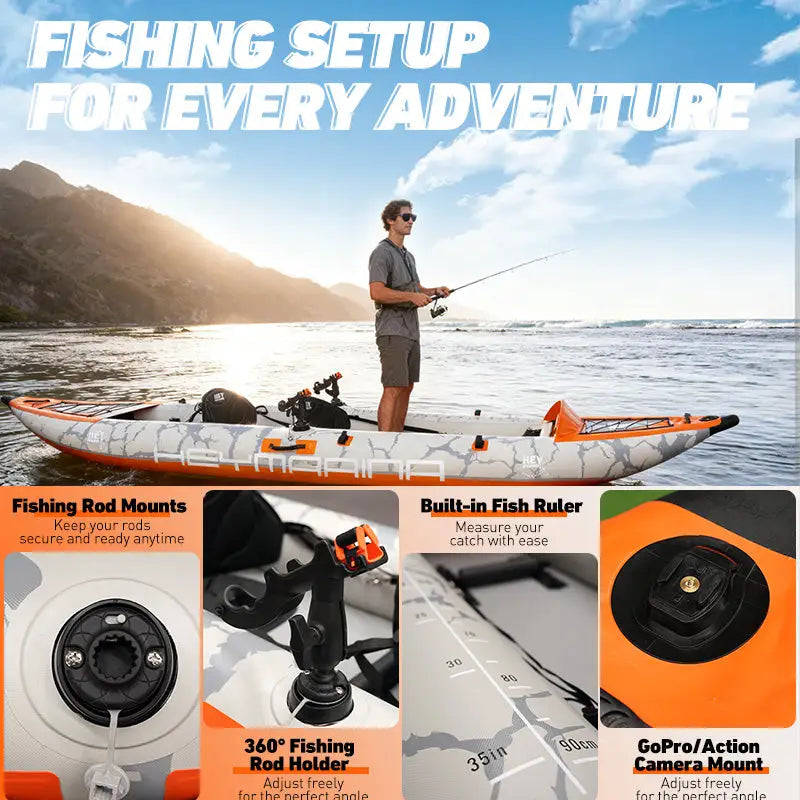 Inflatable tandem kayak with rigid drop-stitch floor and rod holder