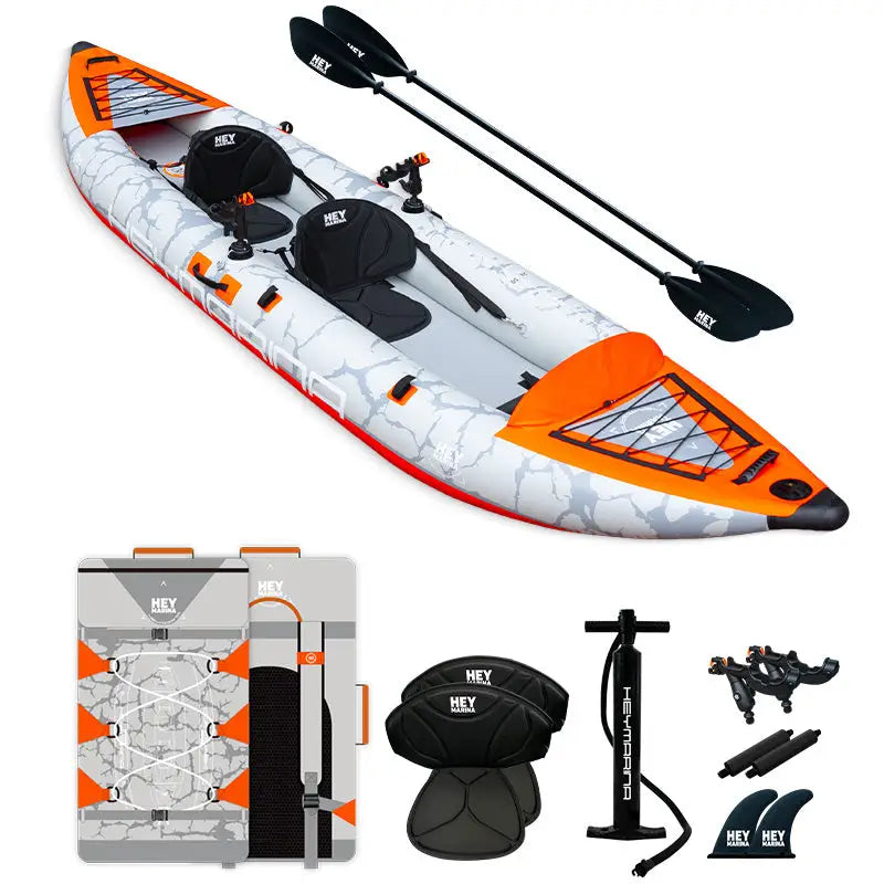 Inflatable tandem kayak with rigid drop-stitch floor, orange white design