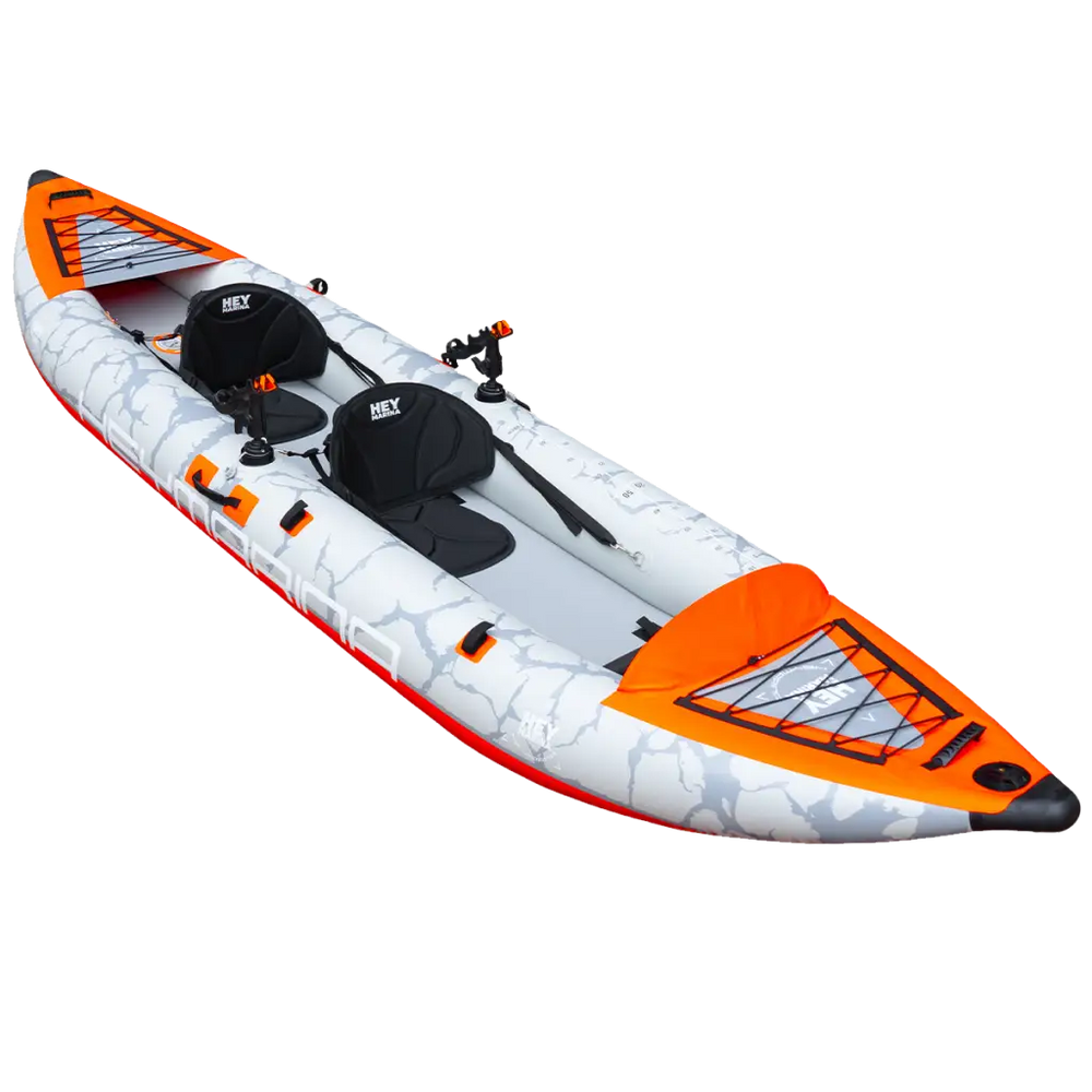 Inflatable tandem kayak with rigid drop-stitch floor, orange camo pattern
