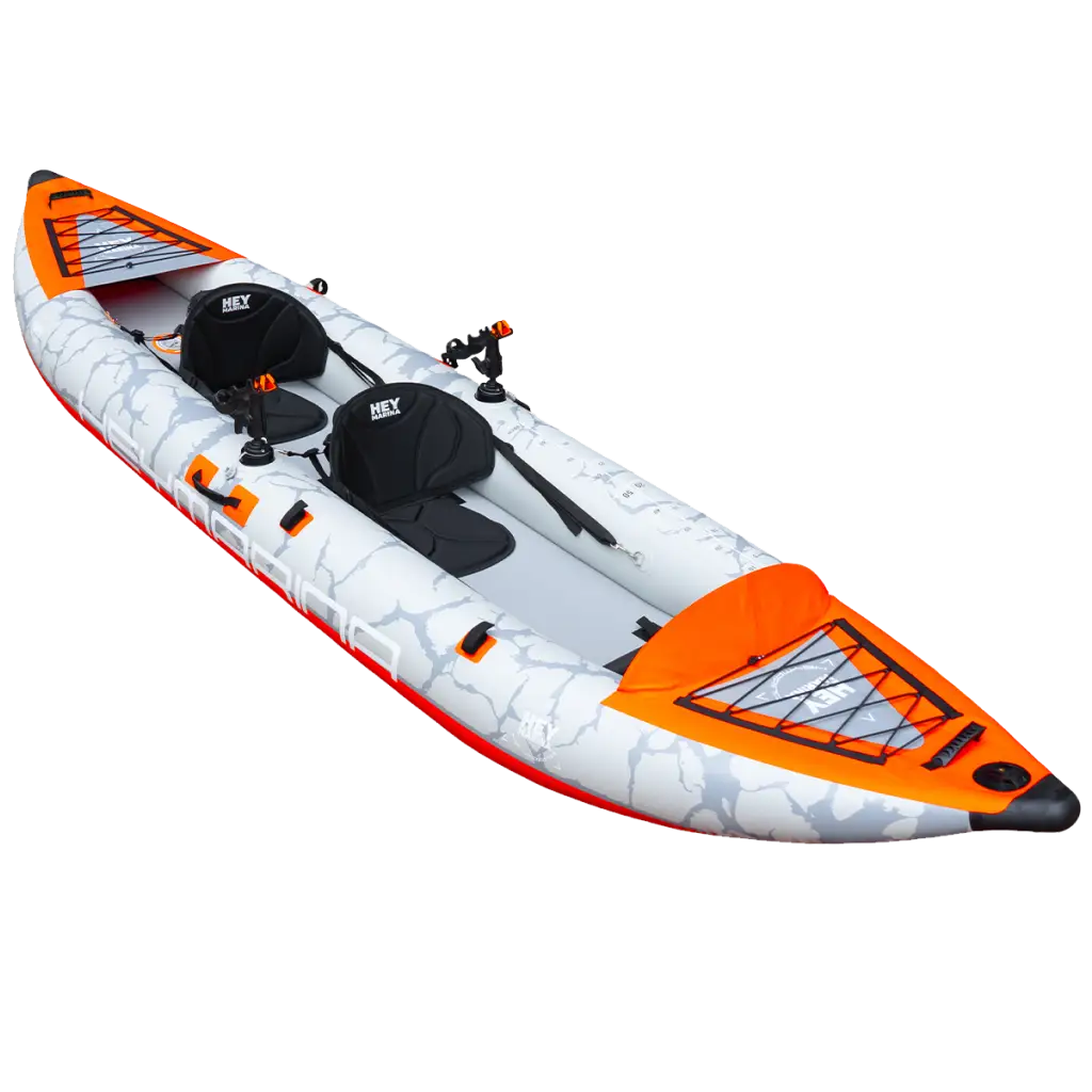 Inflatable tandem kayak with rigid drop-stitch floor, orange camo pattern