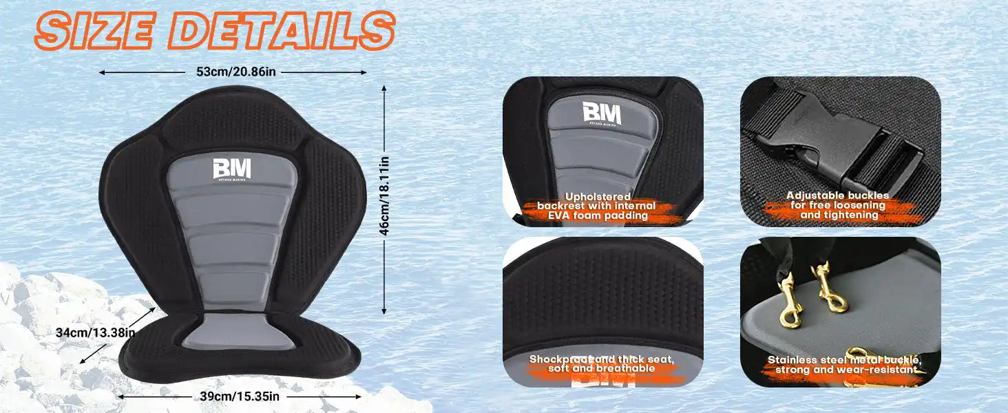 Kayak seat with dimensions and features.