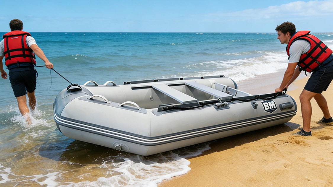 Two people with inflatable dinghy boats on a beach