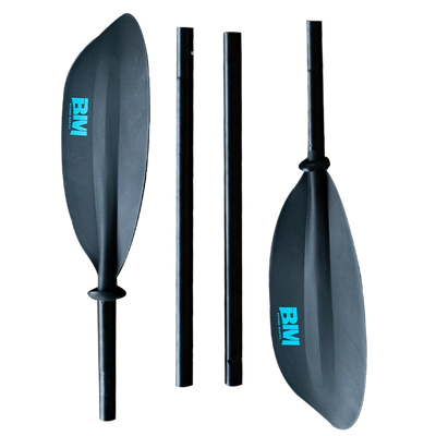 Two kayak paddles with 'BM' branding on a clear background