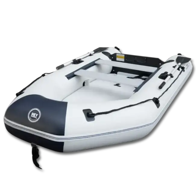 White and navy inflatable boat with oars featuring lightweight drop stitch floor for quick inflation