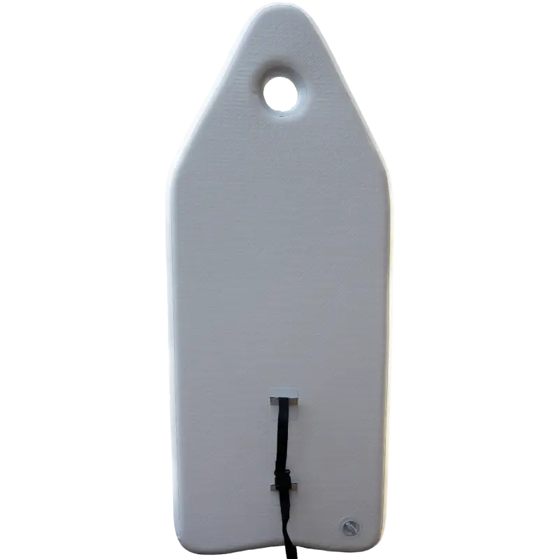 White paddleboard with handle hole and black strap on lightweight drop stitch floor for quick inflation