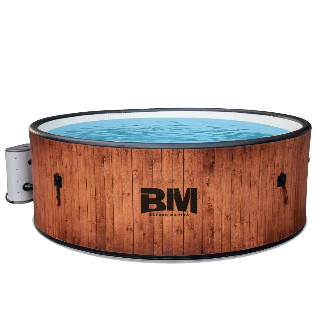 Luxurious wood-grain inflatable hot tub with modern design and blue water