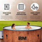 Luxurious wood-grain inflatable hot tub with Beyond Marine branding