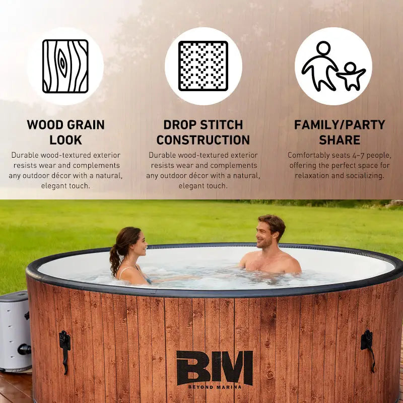 Luxurious wood-grain inflatable hot tub with Beyond Marine branding