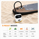 Electric Pump with digital display on a sand background, showing pressure settings for various outdoor activities.