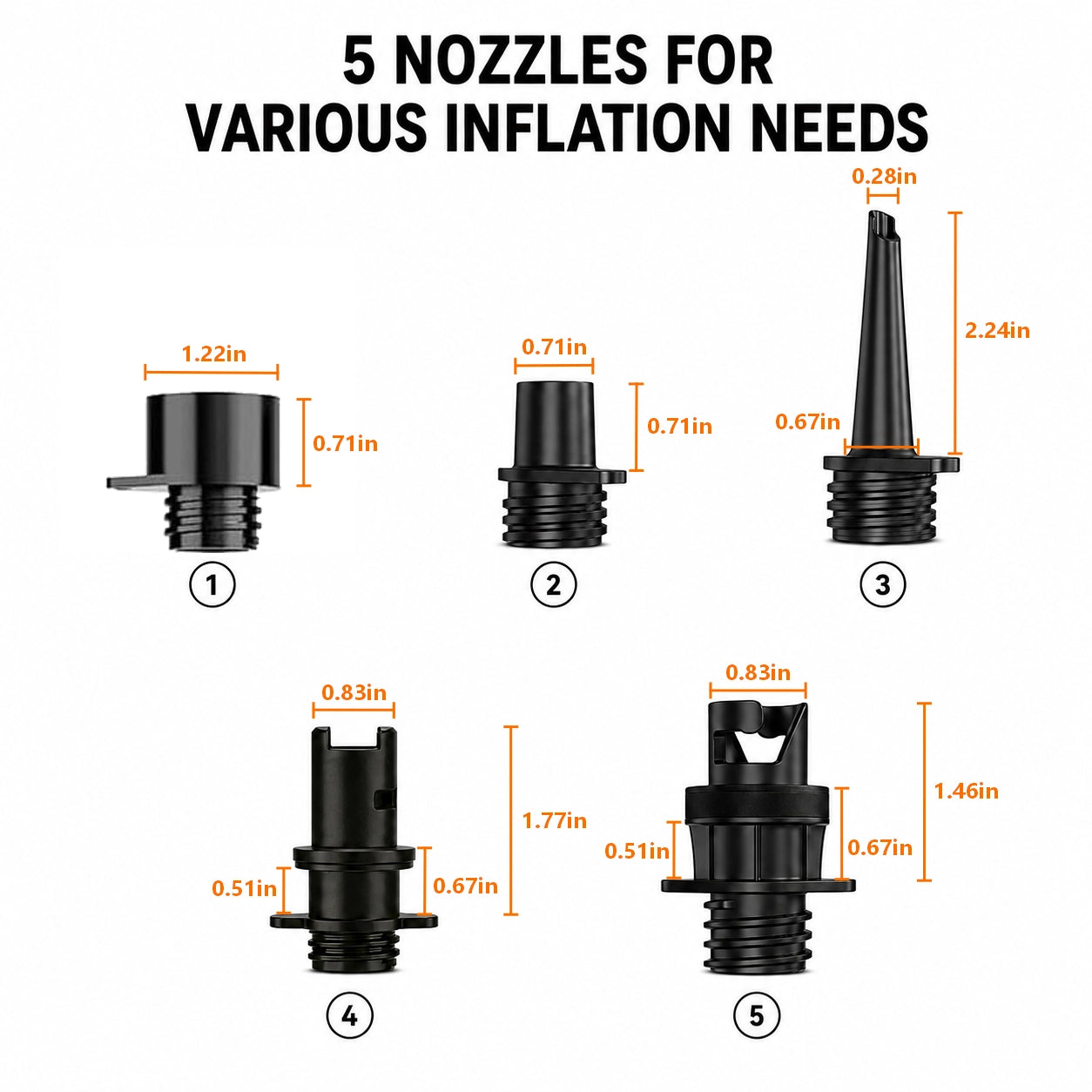 Five black nozzles with measurements for various inflation needs on a white background.