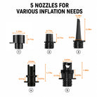 Five black nozzles with measurements for various inflation needs on a white background.