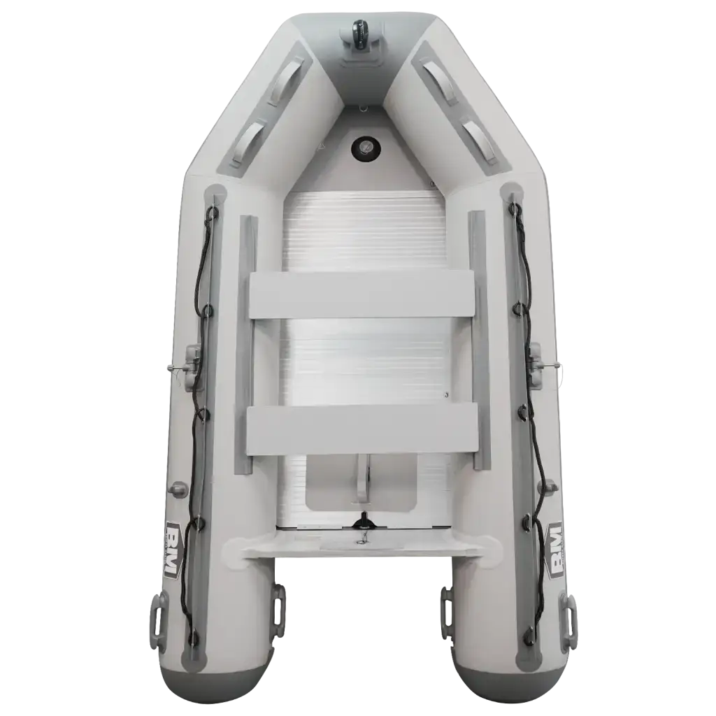 Light gray inflatable boat with slatted floor and removable benches, featuring oar lock nut