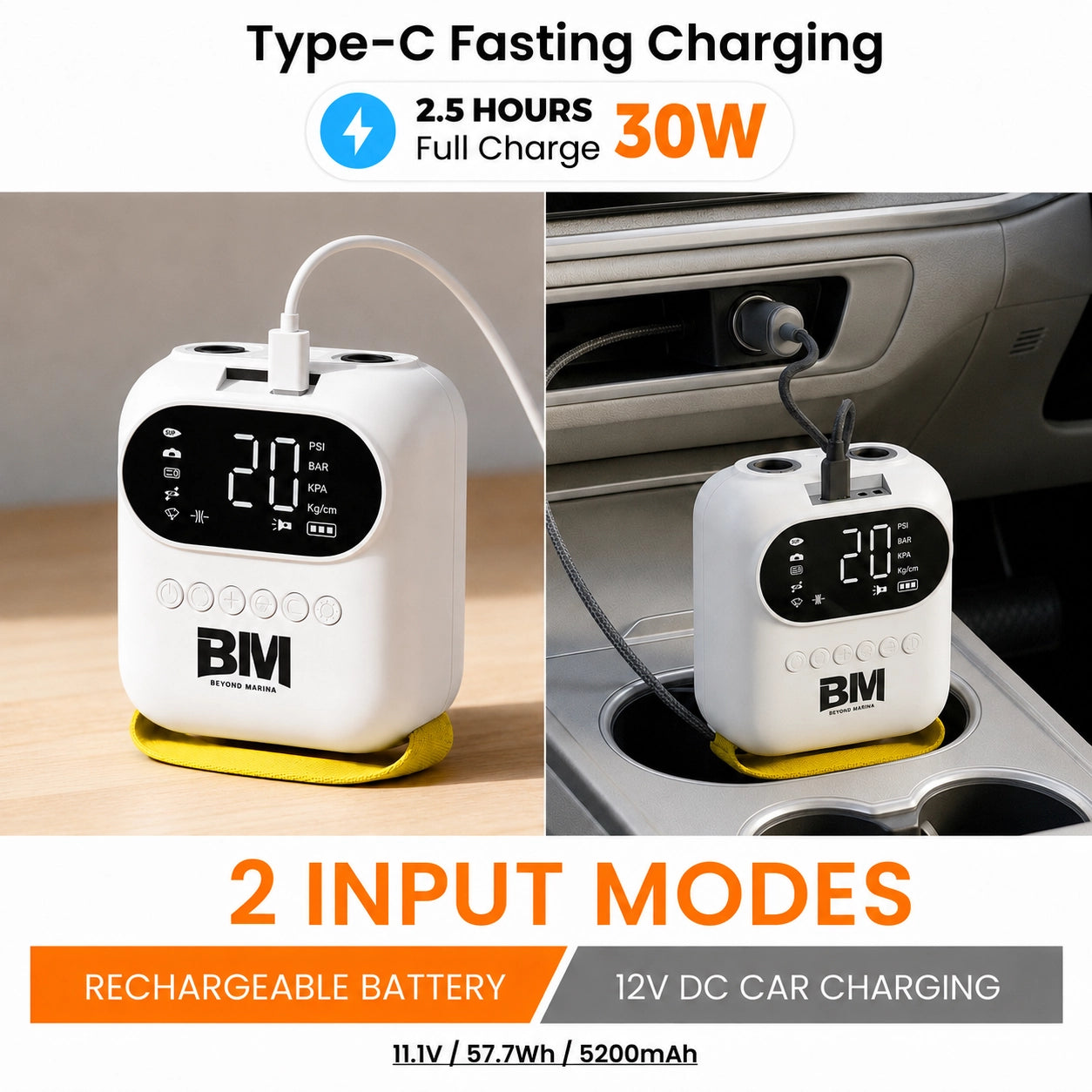 Electric pump with digital display on a table and in a car, highlighting charging speed and modes.
