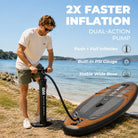 Man inflating a stand-up paddleboard with pump, text highlighting features, by a lake.