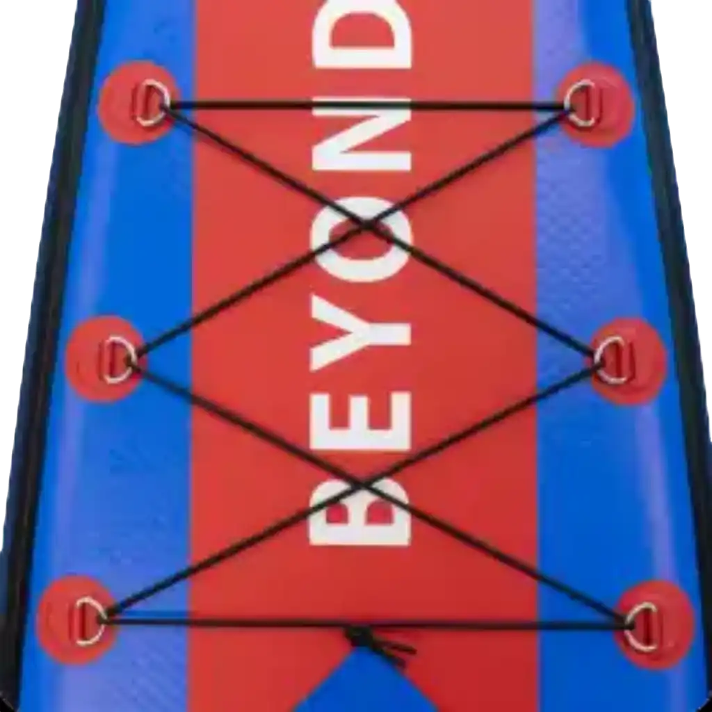 Red and blue paddleboard with black bungee cords.