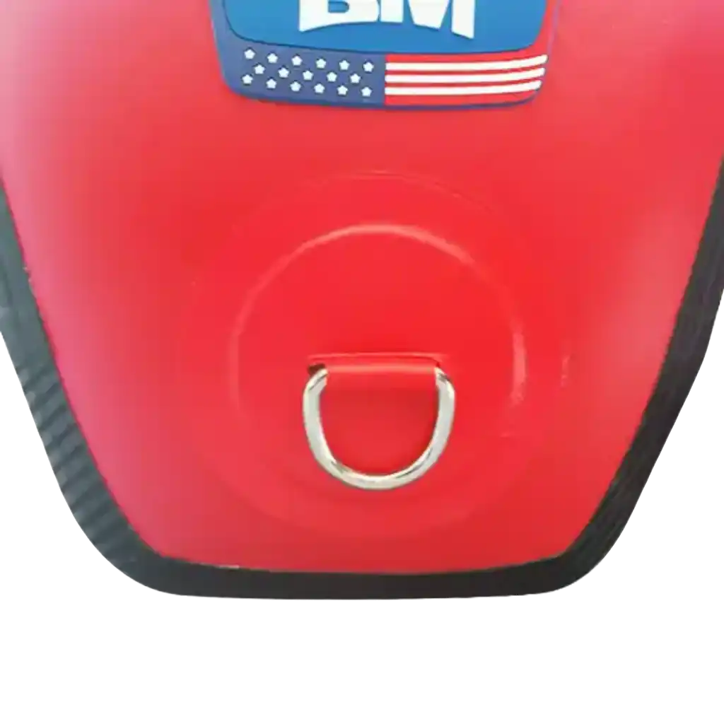 Red dog harness with metal D-ring.