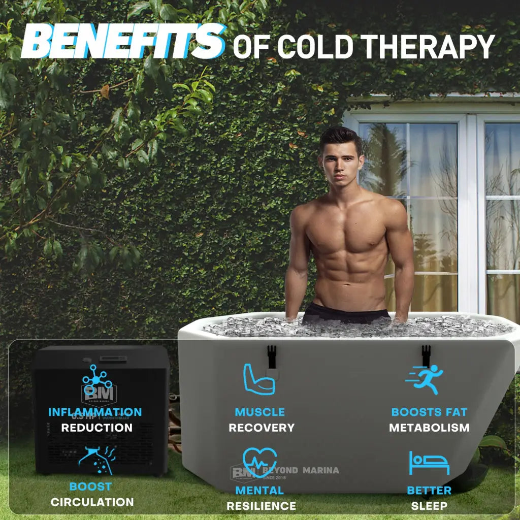 Gray inflatable ice bath tub with slanted edges, 0.5 HP chiller, and ice cubes