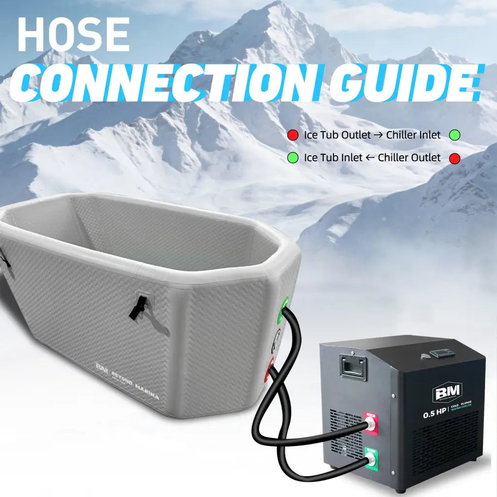 Gray inflatable ice bath tub with slanted edges and chiller ports