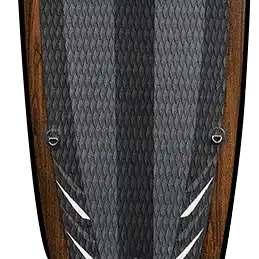 Textured paddleboard with wood trim.