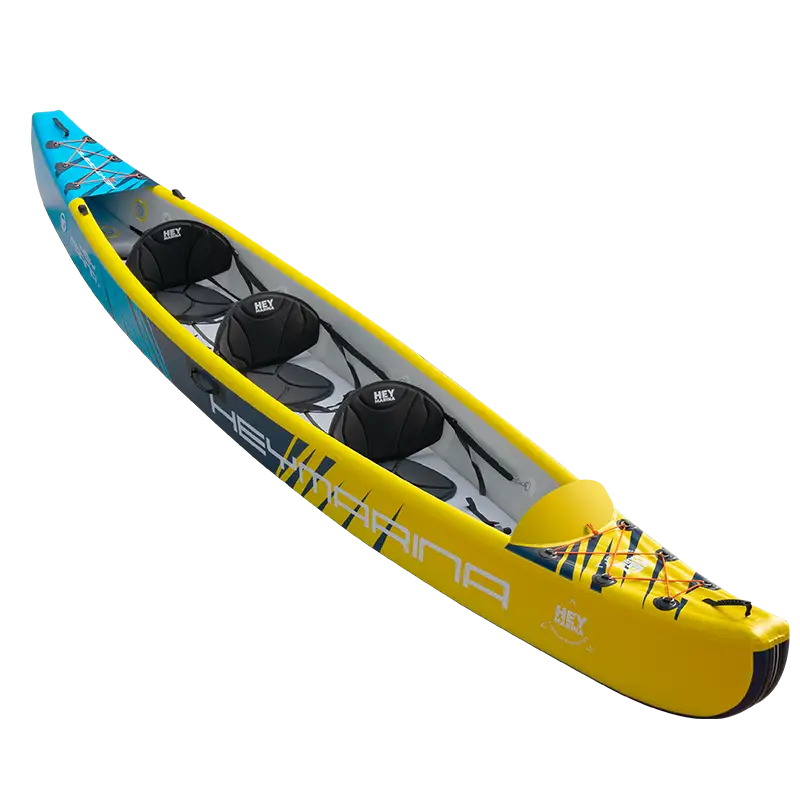 Yellow and blue 3-person inflatable kayak with black seats for fishing