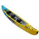 Yellow and blue 3-person inflatable kayak with black seats for fishing