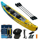 Yellow and blue 3-person inflatable kayak for fishing adventures