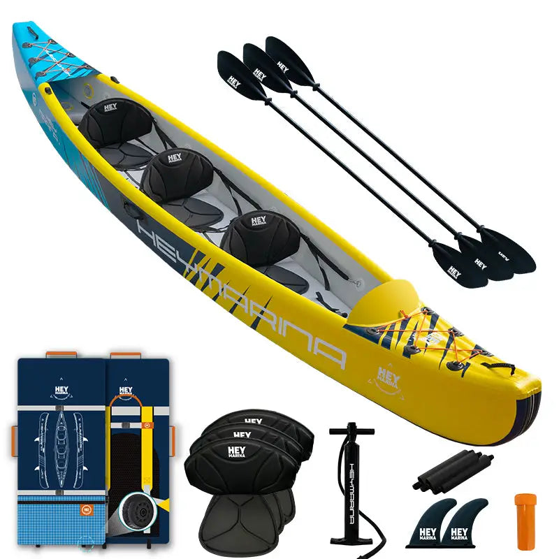Yellow and blue 3-person inflatable kayak for fishing adventures
