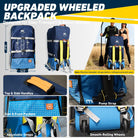 Blue and gray wheeled backpack for 3-person inflatable kayak adventures