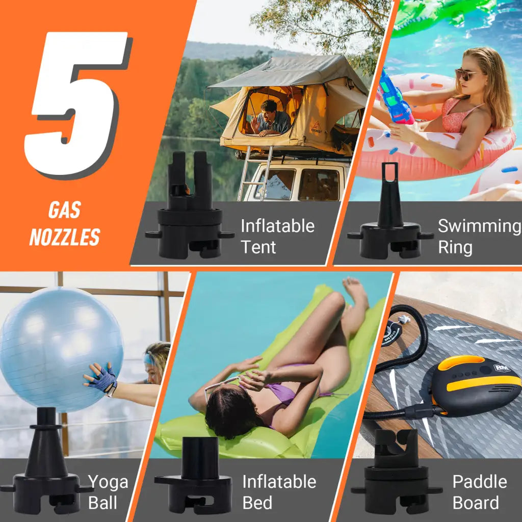 Woman lounging on pool float with 5 types of floats, using Beyond Marina Whale electric air pump for paddle boards - 20 psi.
