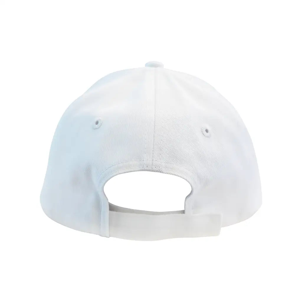 Close-up of White Baseball Cap with Visor, Shaka Hat Embroidery Detailed Design