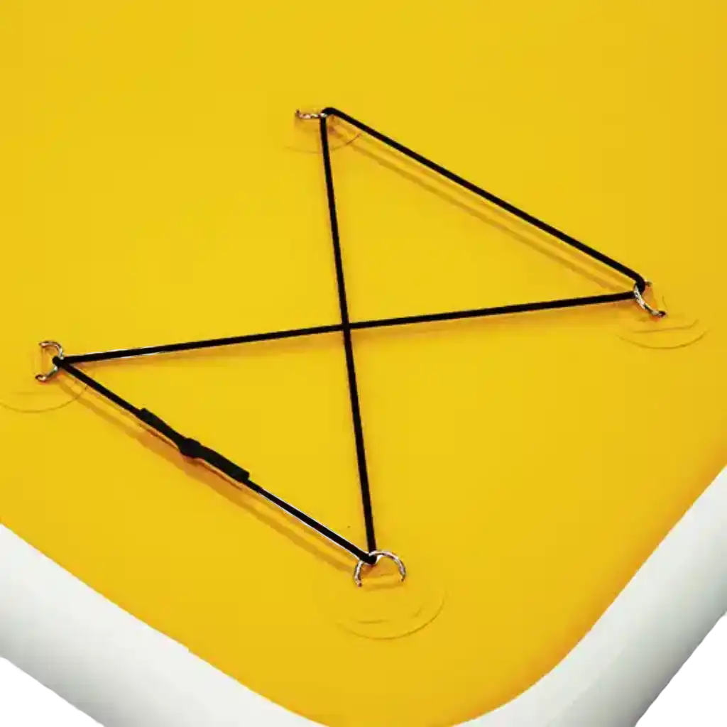 Yellow inflatable paddleboard with black bungee cord.